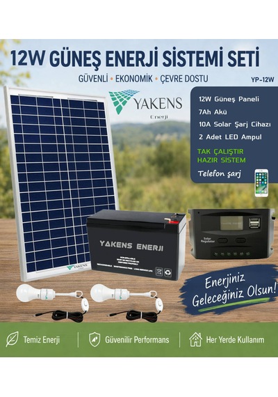 12w Hazır Solar Paketi Güneş Paneli Enerji Sistem 7ah Akü + 10a Şarj Kontrol Cihazı + 2 Led Ampul Hazır Solar Paket