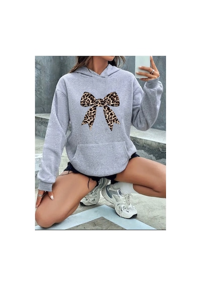 Herkesemoda Leopar Kurdele Baskılı Kapüşonlu Sweatshirt Gri