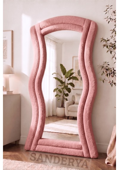 Lusso Pembe Renk Kumaş Kaplamalı Dalgalı Kavisli Ayaklı Boy Aynası 182x87 Cm