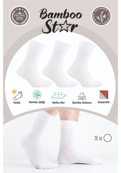 Bamboo Star Bambu Erkek Yazlık Soket Klasik Uzun Düz Beyaz Çorap Dikişsiz Premium 3 Lü Paket