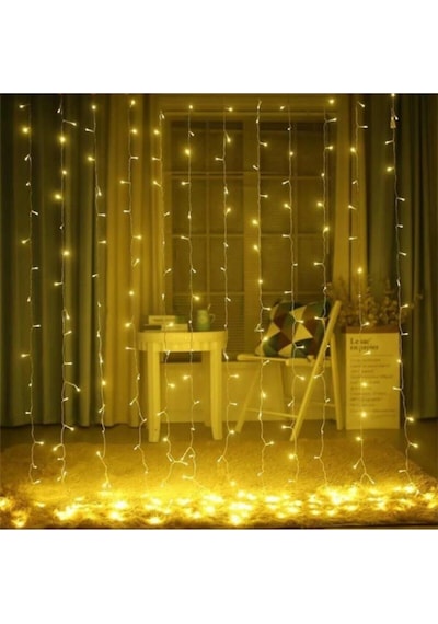 3x2 Metre Perde Led Animasyonlu 12 Saçaklı 240 Ledli Fişli 8 Fonksiyonlu Sarı