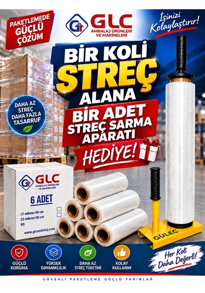 6 Adet 1 Koli 17 Mikron 300 Mt Palet Streç Film Alımına 1 Adet Streç Sarma Aparatı Hediye Sarı