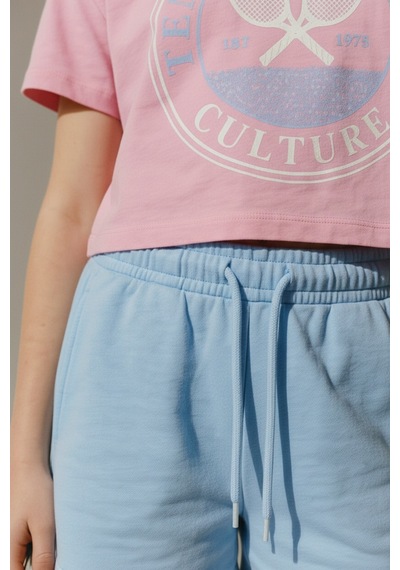 Magu Kız Çocuk Pamuklu Pembe Baskılı Crop T-shirt Mavi Şort Takım Çok Renkli