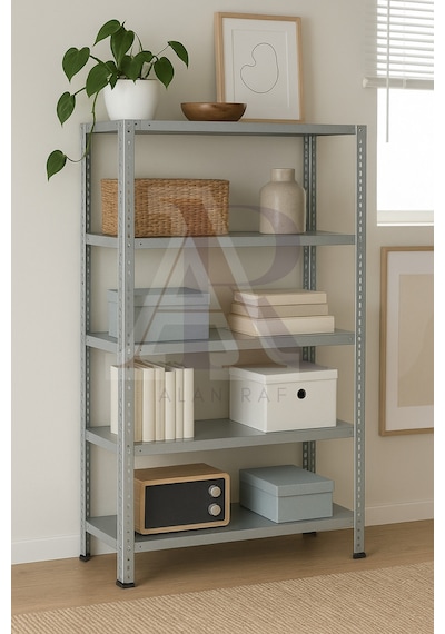 Çelik Raf 5 Katlı 43x75x200 Dekoratif Raf Sistemleri, Depo Rafı, Arşiv Rafı, Kiler Rafı Galvaniz