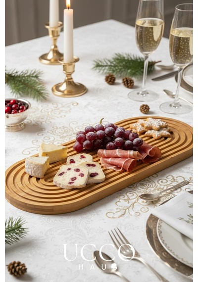 Doğal Bambu Sunumluk - 40x16x1,5cm Kahve, Tatlı & Peynir Sunumluk Oval Oluklu Servis Tabağı
