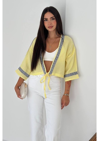 Noa & Noa Kadın Bağlamalı Dekor Şeritli Crop Top Gömlek Street Muse Sarı
