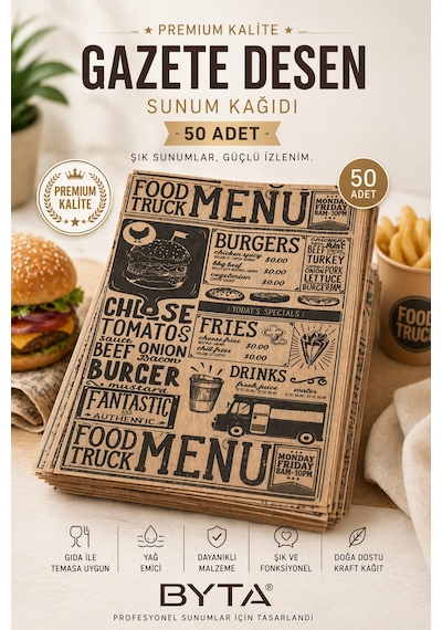 Gazete Desen Sunum Kağıdı 50 Adet 35x25 Yağ Geçirmez Kraft Servis Kağıdı Burger, Fast Food, Cafe Sunum Kağıdı Karışık Desen Kendinden Desenli Vintage