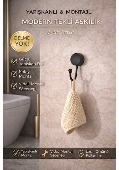 Alper Banyo Mat Siyah Solo Havlu Kağıdı Askısı, Yapışkanlı Ve Vidalı Montaj