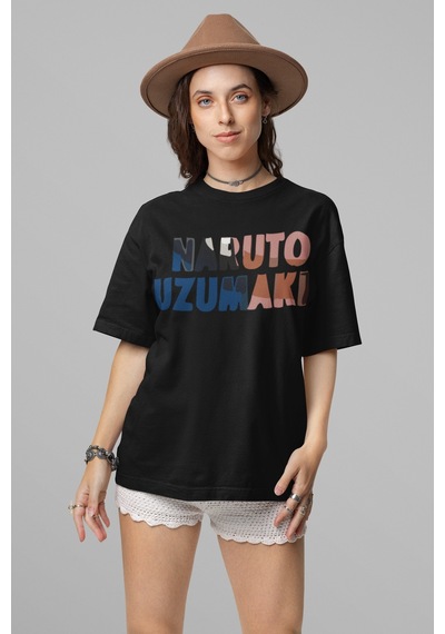 Naruto Uzumaki Sırt Baskılı Unisex Oversize Anime Tişört Siyah