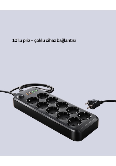 Termal Akım Korumalı 10 Lu Grup Priz Usb Type-c Hızlı Şarj 2500w 2m Kablo