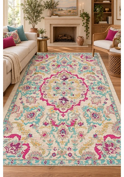 Kasbah Modern Baskı Ekru Mint Yeşili Pembe Makinede Yıkanabilir Robot Süpürge Uyumlu Salon Mutfak Koridor Halısı Ekru/mint Yeşili/pembe