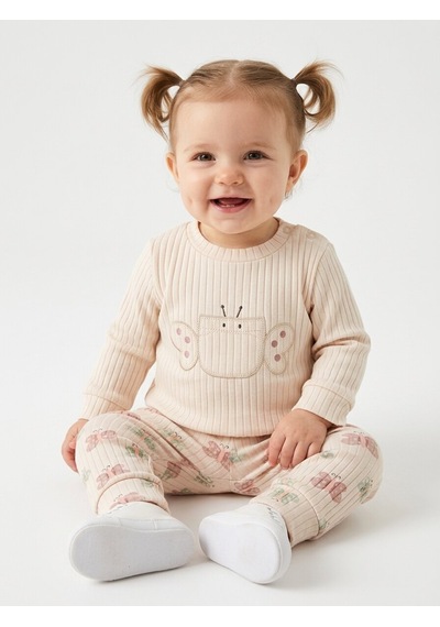 HelloBaby Pamuklu Kelebek Detaylı Taytlı 2li Kız Bebek Takım Krem