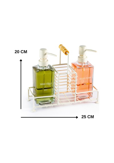 Buççin Online Mağaza Soft Dokulu Metal Stantlı 500 Ml İkili Kare Cam Sıvı Sabunluk Deterjanlık Metal Krem Çok Renkli