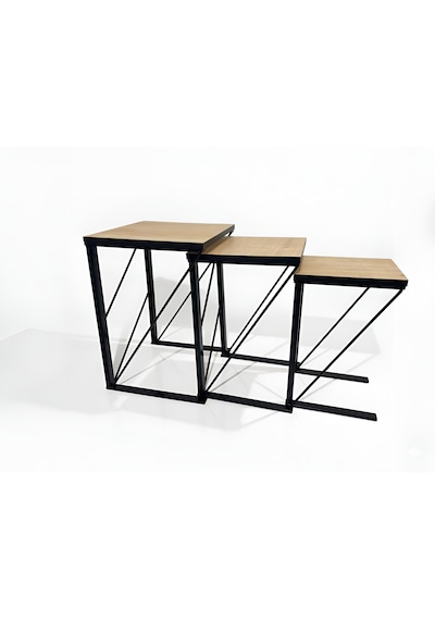 Modern Metal Ayaklı 3'lü Zigon Sehpa Takımı - Siyah Ve Ahşap Desenli Safir Meşe