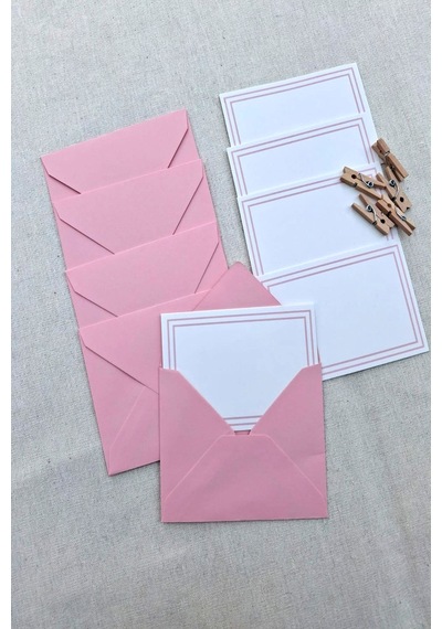 15 Adet Pembe Zarf Ve Mandallı Pembe Çizgili Kart - Hediye Paketleme Kartı - Not Kartı 1.hamur