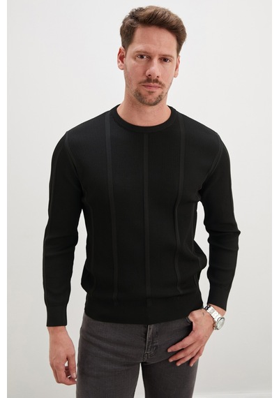 Fullamoda Fitilli Bisiklet Yaka Regular Fit Triko Kazak Siyah