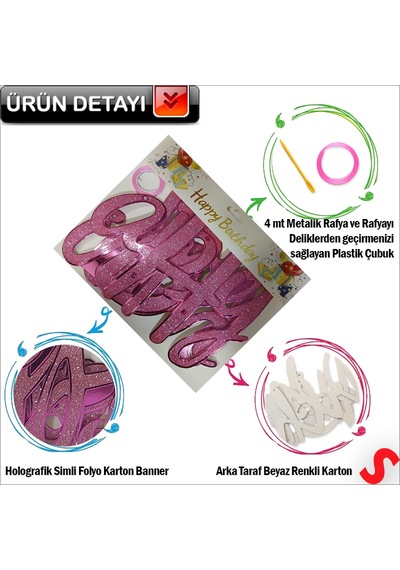 Happy Birthday Simli Folyo Karton Banner, 2 Mt - Pembe 0  -  99