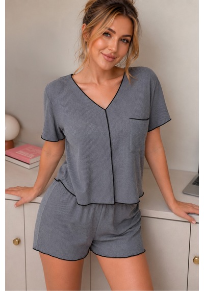 Bella Notte Antrasit Pamuklu Özel Örme Kumaş Pijama Takımı