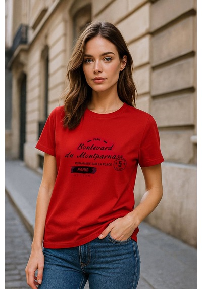 Kadın Bisiklet Yaka Baskılı Siyah T-shirt Çok Renkli