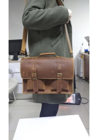 Nyc Giyim Tekstil Hakiki Dana Derisi El Dikişli Deri Evrak Çantası, Omuz Askılı, Çok Gözlü, 35x26x9 Cm, Laptop Ve Tablet İçin İdeal,siyah,kahve,taba Carzy Renk Seçenekleriyle