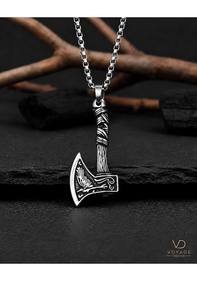 Paslanmaz Çelik Iskandinav Norse Gotik Tarz Viking Balta Erkek Kolye Antik Gümüş