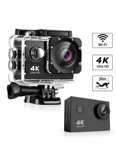 4k Wifi Aksiyon Kamerası 16 Mp 30 Metre Su Geçirmez Kılıflı 2.0 İnç Lcd Ekranlı Geniş Açılı Spor Kamera Siyah