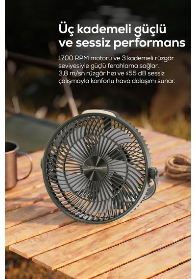 Taşınabilir Kamp Vantilatörü 8000 Mah, Bataryalı, Tripodlu, Işıklı, Sessiz X7434-yeşil