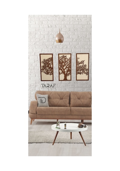 3 Parça Ağaç Tablo Lazer Kesim Dekoratif Tablo 42x62 Krem Ceviz