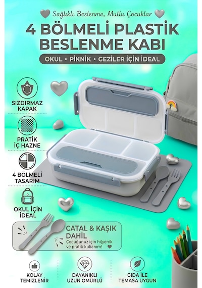 Sızdırmaz Kapaklı, Çatal Ve Kaşıklı 4 Bölmeli Çocuk Beslenme Kabı / Beslenme Kutusu Gri