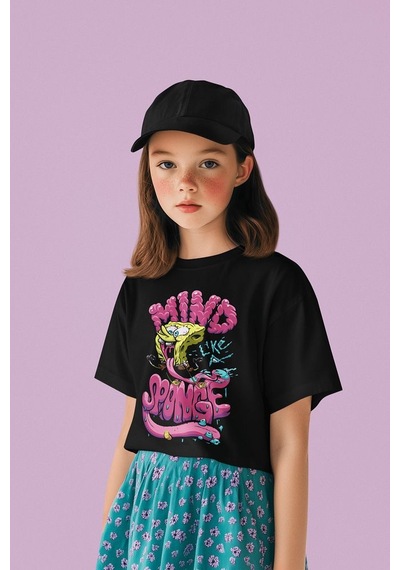 Sevbano Unisex Mind Like A Sponge Baskılı Süngerbob Çizgi Film Çocuk Tişö Siyah