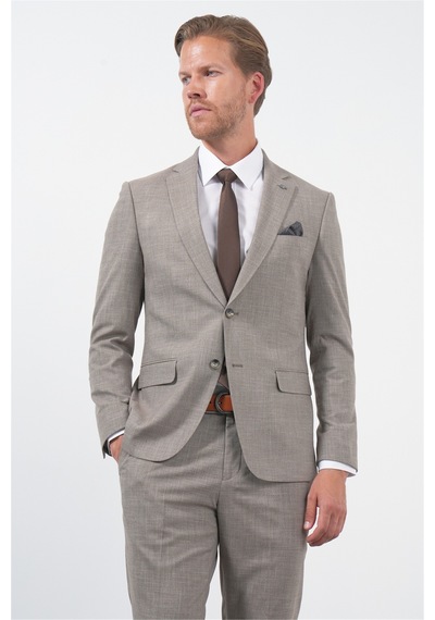 İmza Kahverengi-beyaz Mono Yaka 6 Drop Slim Fit Tam Astar Esnek Takım Elbise 1001260172 Kahverengi - Beyaz