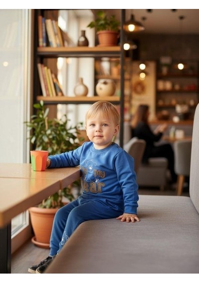 Zekids Erkek Bebek Pamuklu Ayıcıklı Eşofman Takım-16330 Mavi