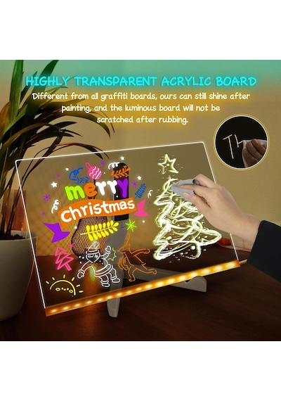Abatech Renkli Led Not Tahtası, Mesaj Panosu, Akrilik Aydınlatmalı, Silinebilir Beyaz Tahta, Gece Lambalı Şeffaf, 7 Neon Kalem 30 X 20