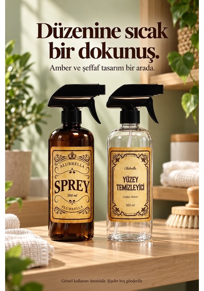 Alubrella 500 Ml Amber Ve Şeffaf Boş Sprey Şişe 2 Li Set Ve 6 Lı Etiket