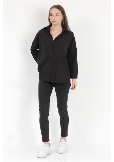 Giysa Kadın Siyah Uzun Kollu Basic Pamuklu Oversize Gömlek - 3900 Siyah