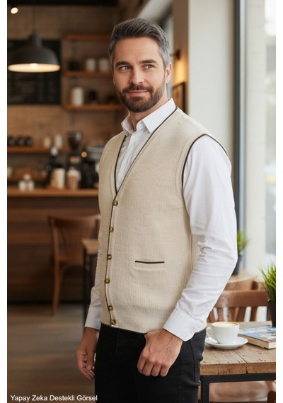 Kamalı Erkek Krem V Yaka Triko Düğmeli Cepli Çizgi Desenli Regular Fit Tüylenmeyen Örgü Yelek Taş