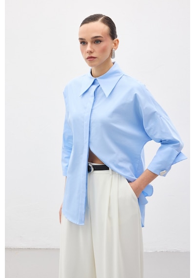Sateen Düğme Detaylı Gömlek - Mavi-137152 Mavi