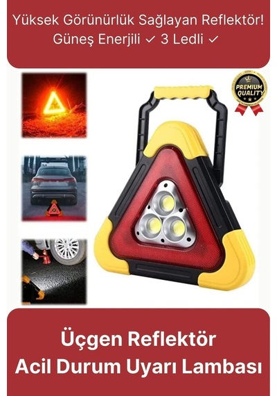 Premium Güneş Enerjili Güçlü Işık 3 Ledli Solar Üçgen Refluj Reflektör Acil Durum Uyarı Lambası