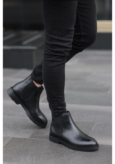 Shoetyle - Siyah Hakiki Deri Erkek Chelsea Bot-719-siyah Siyah