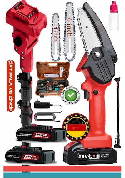 Böhrer Alman V258 5Ah 25MM Teleskop Uzatmalı Kömürsüz Red Akülü Budama Testeresi 6" Pala Ve Zincir