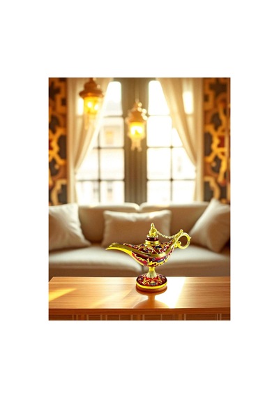 Aladdin Sihirli Lambası Renkli Işlemeli Dekoratif Biblo Alaattin Metal Çelik No:1 - 11x7 CM