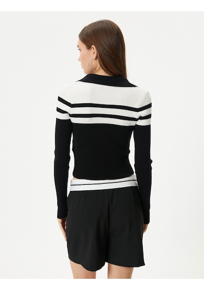 Koton Polo Yaka Çizgili Crop Triko Kazak Uzun Kollu Dar Kalıp Siyah Çizgili 4sal90011ıt 4SAL90011IT9S9 Siyah