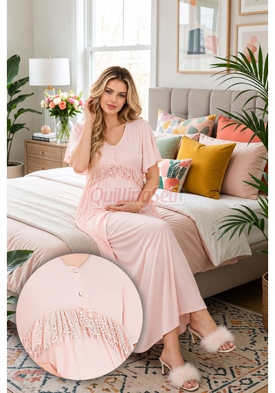 Lady Pembe Renkli, Dantel Detaylı, Derin Patlı, 33500 Sabahlıklı 2li Lohusa Hamile Gecelik Takımı Açık Pembe