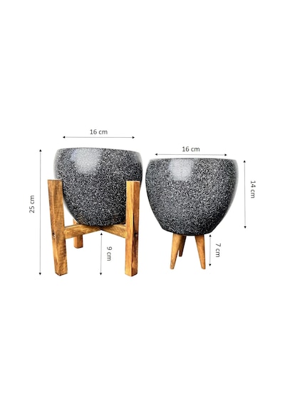 Bitki Tasarımı Ev Dekorasyon Siyah Granit Toprak Saksı Saksılık Salon Çiçeklik İkili Set 3 Ayaklı- 4 Ayaklı- 15 CM