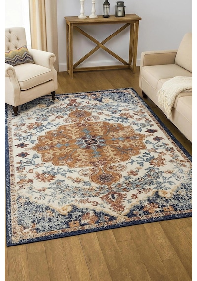 Vintage Desen Turuncu Mavi Renk Modern Halı Dekoratif Kilim Turuncu