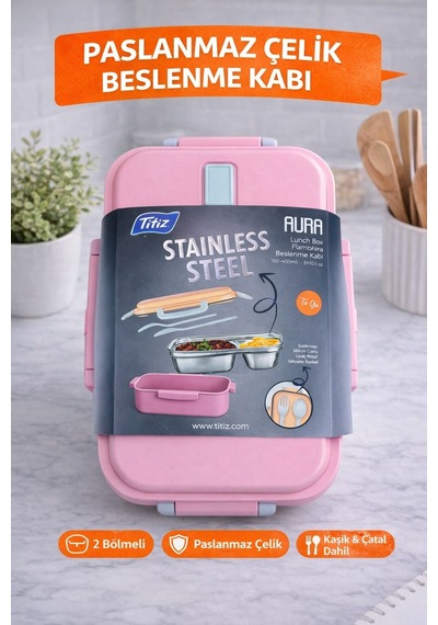 Pembe Benmarili Paslanmaz Çelik Yemek Kabı 2 Bölmeli Beslenme Kabı Saklama Kabı