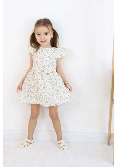 Esila Kids Kız Çocuk Elbise Bayramlık Elbise Çiçek Desenli Fiyonk Detaylı Büzgülü Kollu 3-6 Yaş Yeşil