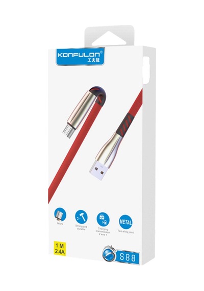 Konfulon - 987 - S88 Metal Uçlu Micro Usb Kablo 1m 2.4a - Shopılke - - Kırmızı