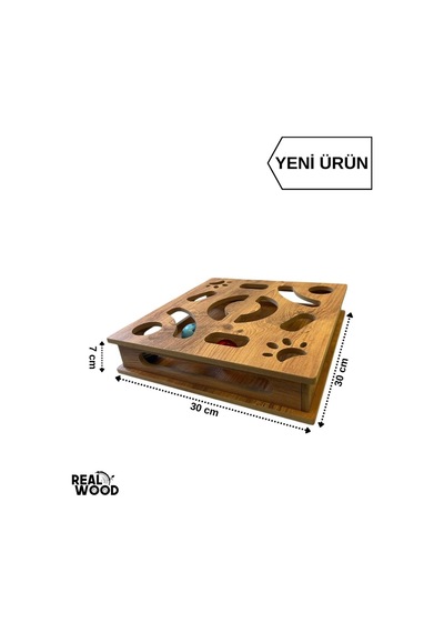 Ahşap Kare Kedi Oyuncağı - 30cm X 30cm - Çıngıraklı Toplu - Yaylı Top Eklenmiştir