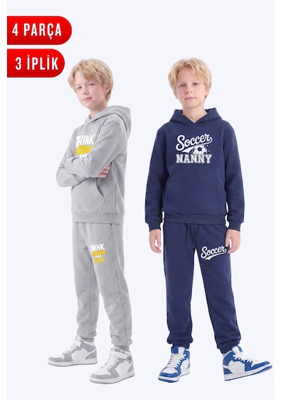 Fyk Kids 3 İplik Baskılı Kışlık Kanguru Cepli Kapüşonlu Erkek Çocuk 2'li Eşofman Takımı 4 Parça Gri - Lacivert